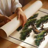 The Pine That Learned to Lean, a Japanese black pine bonsai with dark green needles and a twisted trunk in a shallow pot, in a framed Japanese travel poster style with katakana above and JAPANESE BLACK PINE below, as a matte poster, unframed