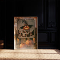 The Pumpkin Keeps Its Hat On, a grinning jack o lantern wearing a witch hat on a weathered sign that reads happy halloween, with pumpkins and cornstalks, painted in burnt orange, black and aged cream, on a black paneled wall with sunlit herringbone floor