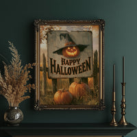 The Pumpkin Keeps Its Hat On, a grinning jack o lantern wearing a witch hat on a weathered sign that reads happy halloween, with pumpkins and cornstalks, painted in burnt orange, black and aged cream, in an ornate gold frame on a deep green wall beside brass candlesticks