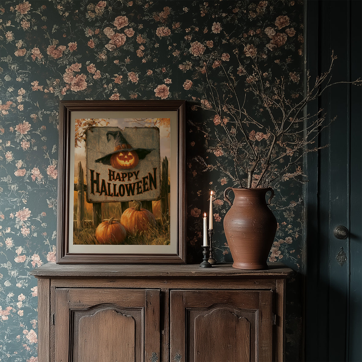 The Pumpkin Keeps Its Hat On, a grinning jack o lantern wearing a witch hat on a weathered sign that reads happy halloween, with pumpkins and cornstalks, painted in burnt orange, black and aged cream, in a dark frame on a wooden dresser against floral wallpaper