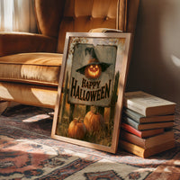 The Pumpkin Keeps Its Hat On, a grinning jack o lantern wearing a witch hat on a weathered sign that reads happy halloween, with pumpkins and cornstalks, painted in burnt orange, black and aged cream, in a wood frame beside a leather armchair and a stack of books