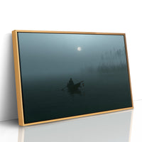 The Quiet Crossing Before Morning, a lone rowboat drifting across misty teal water beneath a pale moon, a dark forest edge behind it, as a framed canvas in a natural wood frame