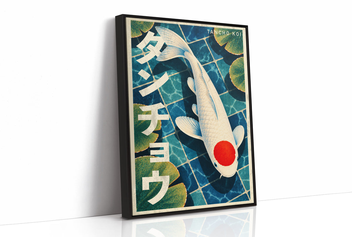 The Quiet Mark on Still Water, a white tancho koi with one round red mark on its head, swimming over blue tiled water with lily pads, with katakana lettering down the left side and TANCHO KOI in small caps at the top right, in a retro Japanese travel poster style, as a framed canvas in a black frame