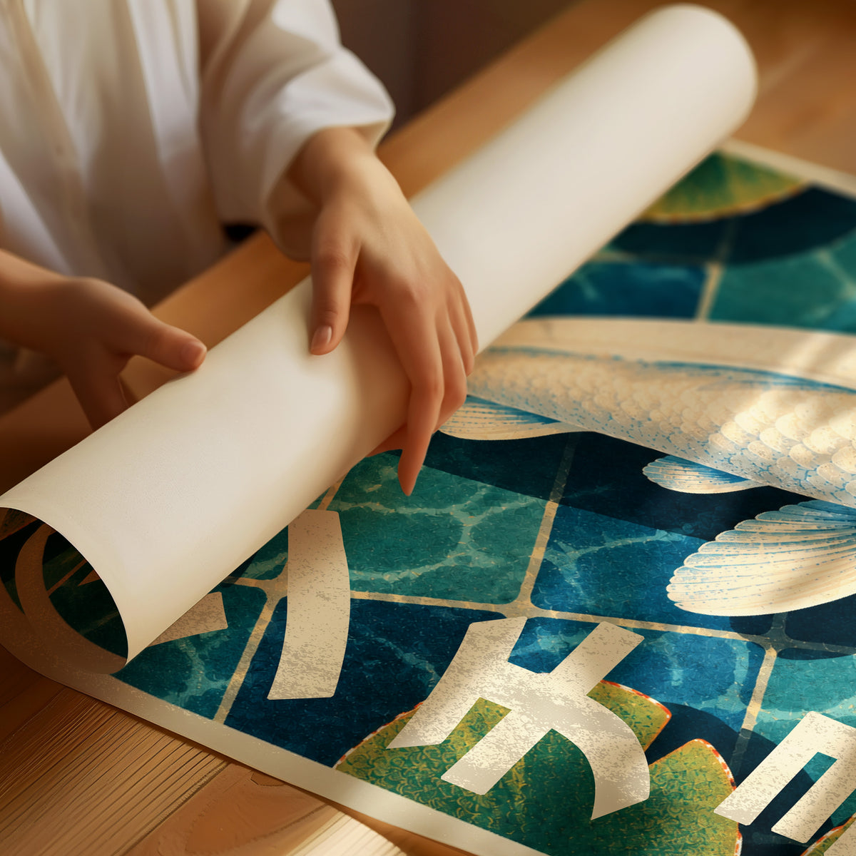 The Quiet Mark on Still Water, a white tancho koi with one round red mark on its head, swimming over blue tiled water with lily pads, with katakana lettering down the left side and TANCHO KOI in small caps at the top right, in a retro Japanese travel poster style, as a matte poster, unframed