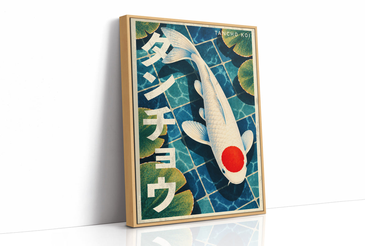The Quiet Mark on Still Water, a white tancho koi with one round red mark on its head, swimming over blue tiled water with lily pads, with katakana lettering down the left side and TANCHO KOI in small caps at the top right, in a retro Japanese travel poster style, as a framed canvas in a natural wood frame