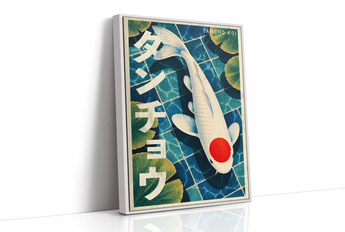 The Quiet Mark on Still Water, a white tancho koi with one round red mark on its head, swimming over blue tiled water with lily pads, with katakana lettering down the left side and TANCHO KOI in small caps at the top right, in a retro Japanese travel poster style, as a framed canvas in a white frame