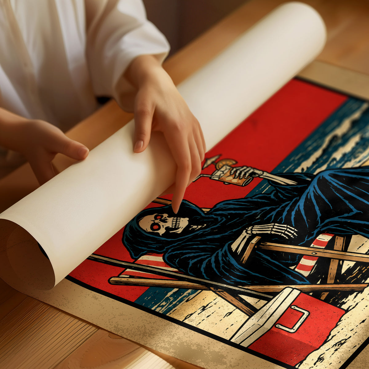 The Reaper Takes a Day Off, a hooded grim reaper in a deck chair under a striped umbrella on a red and cream beach poster, with the lettering EVERYBODY NEEDS A DAY OFF in bold black and tan below, in a retro print style, as a matte poster, unframed