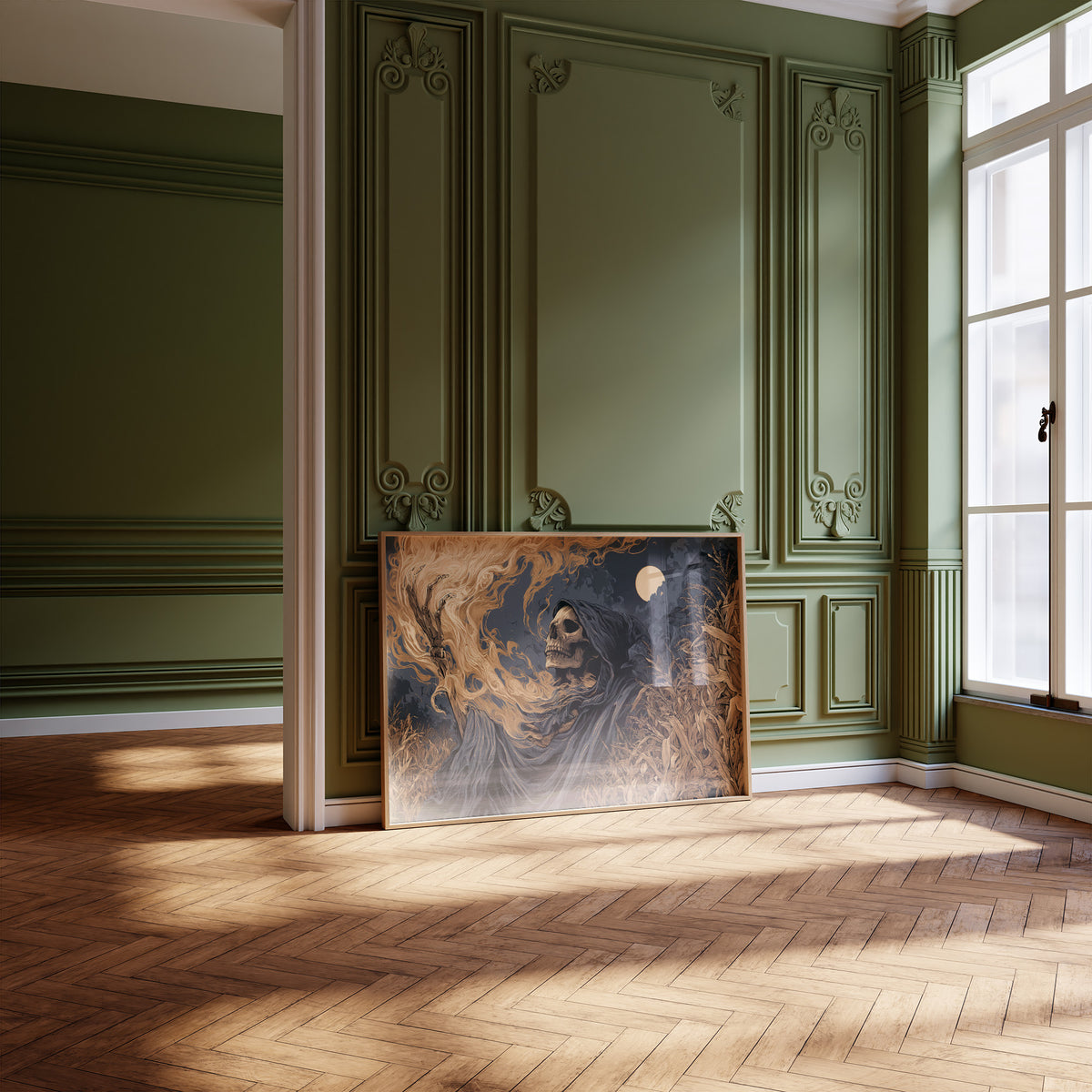 The Reaper Walks Through Golden Wheat, a hooded skeletal reaper in a dark navy robe amid swirling gold grain under a pale moon, painted in navy, antique gold and bone, leaning on a herringbone floor in a green paneled room with tall windows