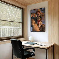 The Rider and the Golden Companion, a rider in a wide brimmed hat on a brown horse with a golden dog at the saddle, painted in saddle brown, dusky blue and warm gold, on a study wall above a writing desk and a black desk chair