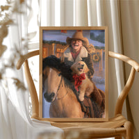 The Rider and the Golden Companion, a rider in a wide brimmed hat on a brown horse with a golden dog at the saddle, painted in saddle brown, dusky blue and warm gold, in a wood frame beside a wicker chair by a sunny window
