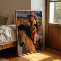 The Rider and the Golden Companion, a rider in a wide brimmed hat on a brown horse with a golden dog at the saddle, painted in saddle brown, dusky blue and warm gold, leaning on a wood floor in a bedroom beside white linen bedding