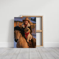 The Rider and the Golden Companion, a rider in a wide brimmed hat on a brown horse with a golden dog at the saddle, painted in saddle brown, dusky blue and warm gold, on a gallery canvas with wrapped edges leaning against a white wall