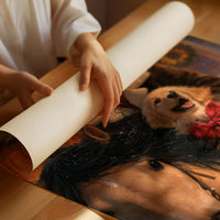 The Rider and the Golden Companion, a rider in a wide brimmed hat on a brown horse with a golden dog at the saddle, painted in saddle brown, dusky blue and warm gold, as a matte poster, unframed