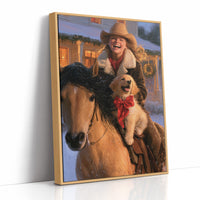 The Rider and the Golden Companion, a rider in a wide brimmed hat on a brown horse with a golden dog at the saddle, painted in saddle brown, dusky blue and warm gold, as a framed canvas in a natural wood frame