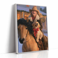 The Rider and the Golden Companion, a rider in a wide brimmed hat on a brown horse with a golden dog at the saddle, painted in saddle brown, dusky blue and warm gold, as a framed canvas in a white frame