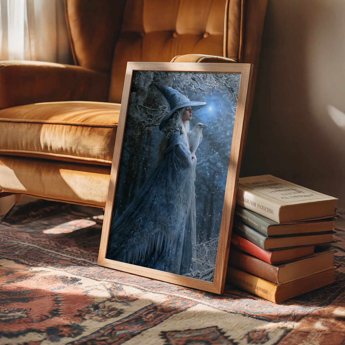The Sorceress Keeps Her Midnight Hour, a sorceress in a blue hat and cloak holding a glowing orb in misty moonlit woods, cool blue palette, in a wood frame beside a leather armchair and a stack of books
