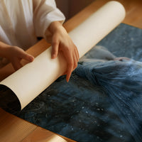The Sorceress Keeps Her Midnight Hour, a sorceress in a blue hat and cloak holding a glowing orb in misty moonlit woods, cool blue palette, as a matte poster, unframed