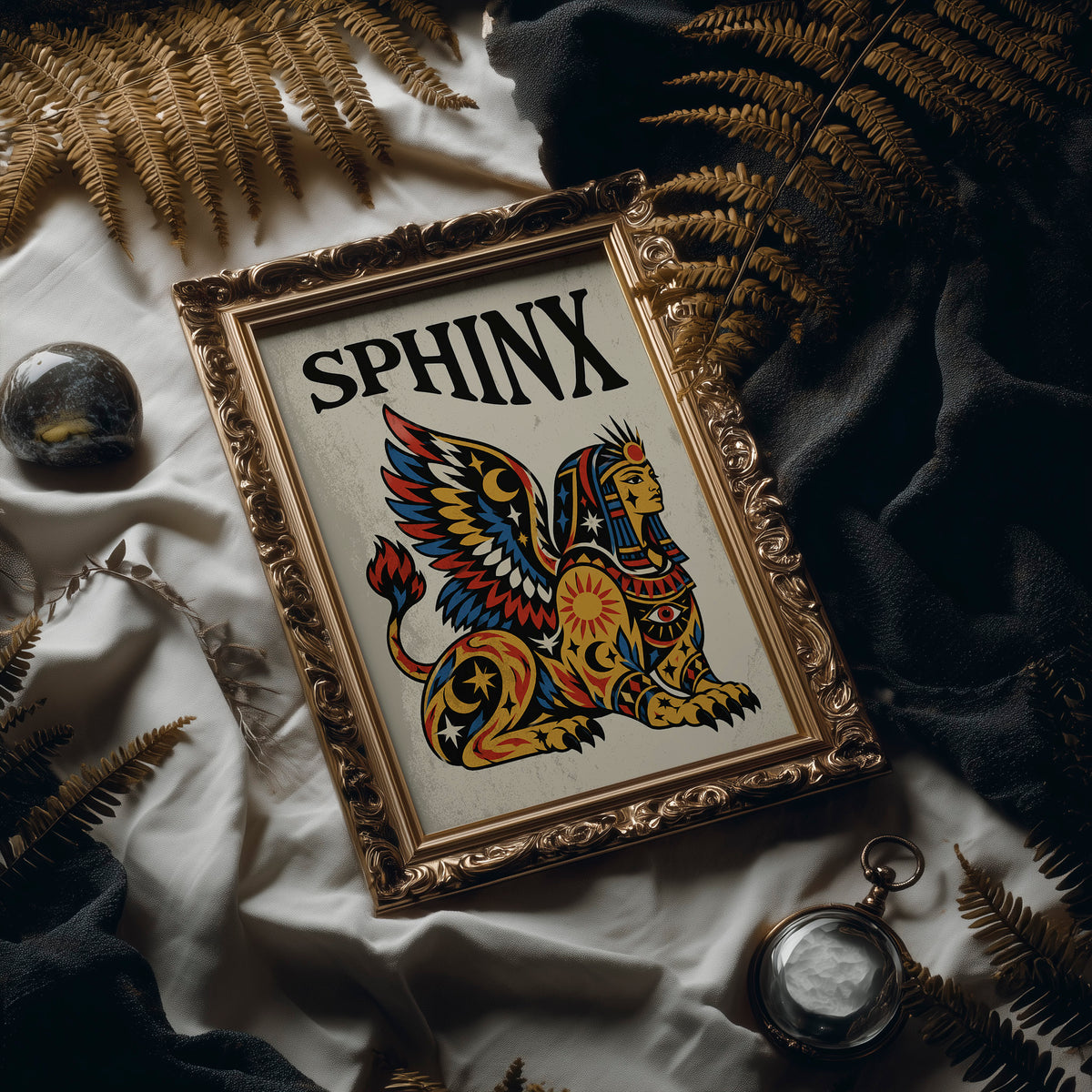 The Sphinx Keeps Her Riddle, a winged sphinx seated with folded wings in gold, red and blue, painted in bold black outlines on a cream paper ground beneath bold black lettering, in a traditional tattoo flash style, in an ornate frame on silk cloth beside ferns and a brass compass