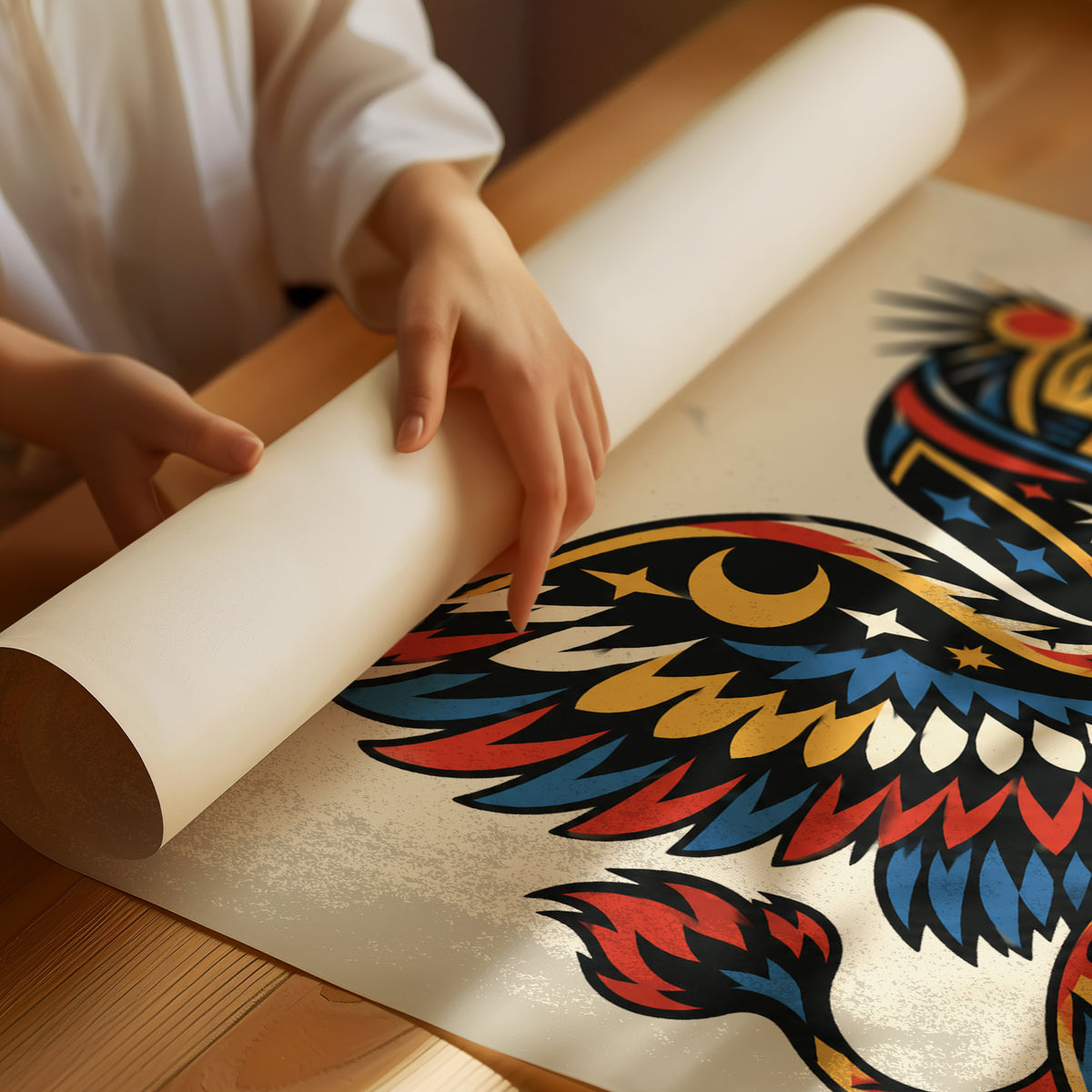 The Sphinx Keeps Her Riddle, a winged sphinx seated with folded wings in gold, red and blue, painted in bold black outlines on a cream paper ground beneath bold black lettering, in a traditional tattoo flash style, as a matte poster, unframed