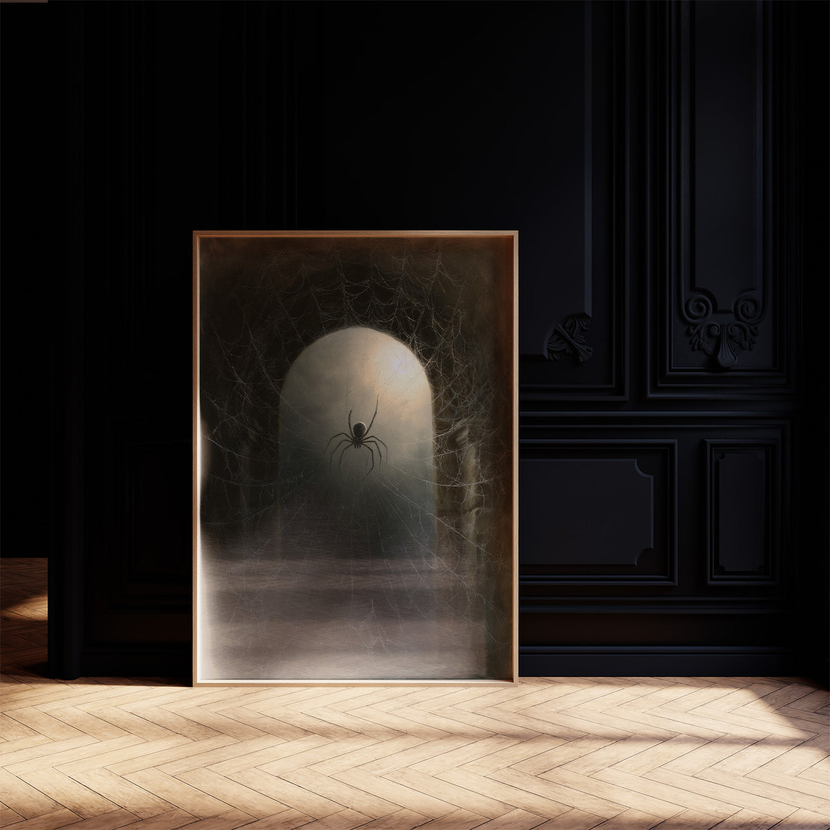 The Spider at the Pale Threshold, a spider sitting at the center of a pale arched glow inside a dark web, painted in sepia, olive and bone, on a black paneled wall with sunlit herringbone floor