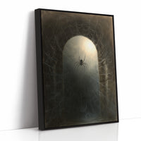 The Spider at the Pale Threshold, a spider sitting at the center of a pale arched glow inside a dark web, painted in sepia, olive and bone, as a framed canvas in a black frame
