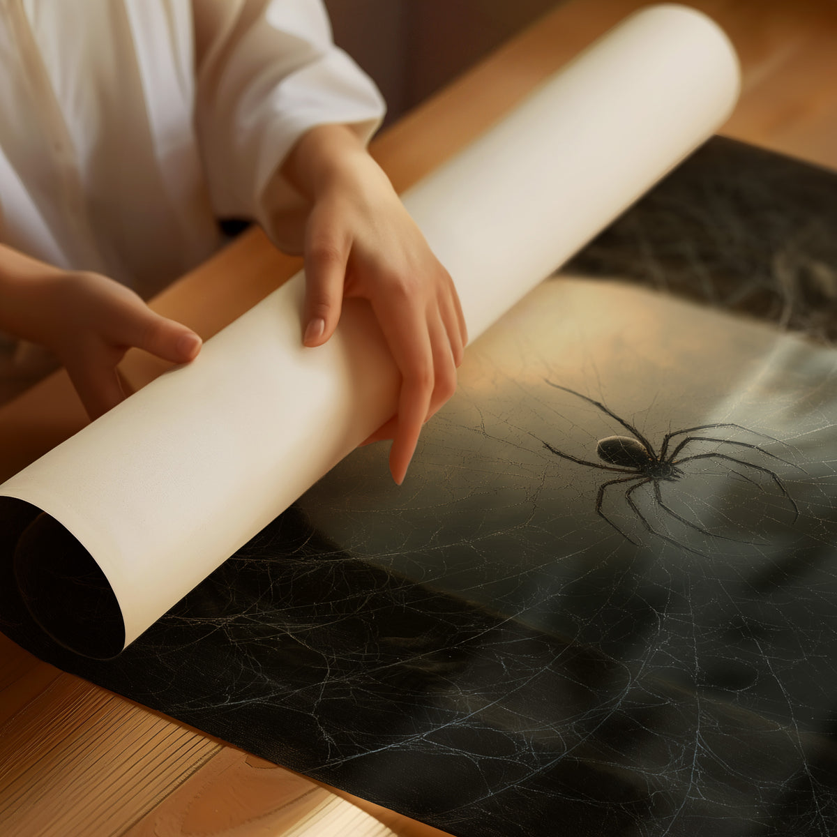 The Spider at the Pale Threshold, a spider sitting at the center of a pale arched glow inside a dark web, painted in sepia, olive and bone, as a matte poster, unframed