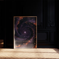 The Spiral Remembers Everything, a violet and black galaxy turning around a bright core, edged with molten orange dust, on a black paneled wall with sunlit herringbone floor