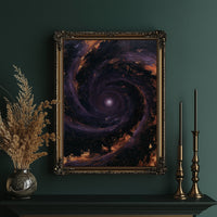 The Spiral Remembers Everything, a violet and black galaxy turning around a bright core, edged with molten orange dust, in an ornate gold frame on a deep green wall beside brass candlesticks