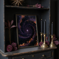 The Spiral Remembers Everything, a violet and black galaxy turning around a bright core, edged with molten orange dust, on a dark wooden cabinet shelf with candles and dried flowers
