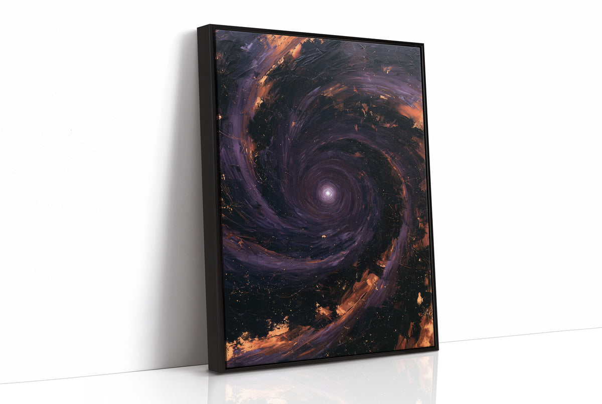 The Spiral Remembers Everything, a violet and black galaxy turning around a bright core, edged with molten orange dust, as a framed canvas in a black frame