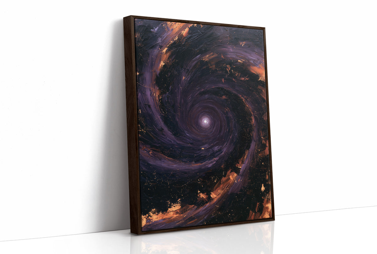 The Spiral Remembers Everything, a violet and black galaxy turning around a bright core, edged with molten orange dust, as a framed canvas in a brown frame