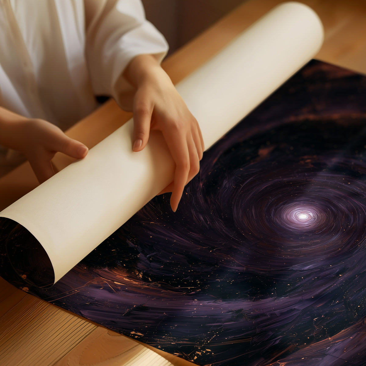 The Spiral Remembers Everything, a violet and black galaxy turning around a bright core, edged with molten orange dust, as a matte poster, unframed