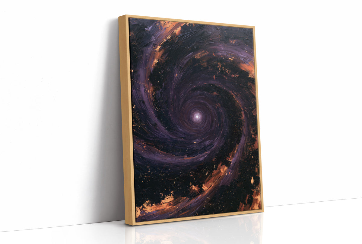 The Spiral Remembers Everything, a violet and black galaxy turning around a bright core, edged with molten orange dust, as a framed canvas in a natural wood frame