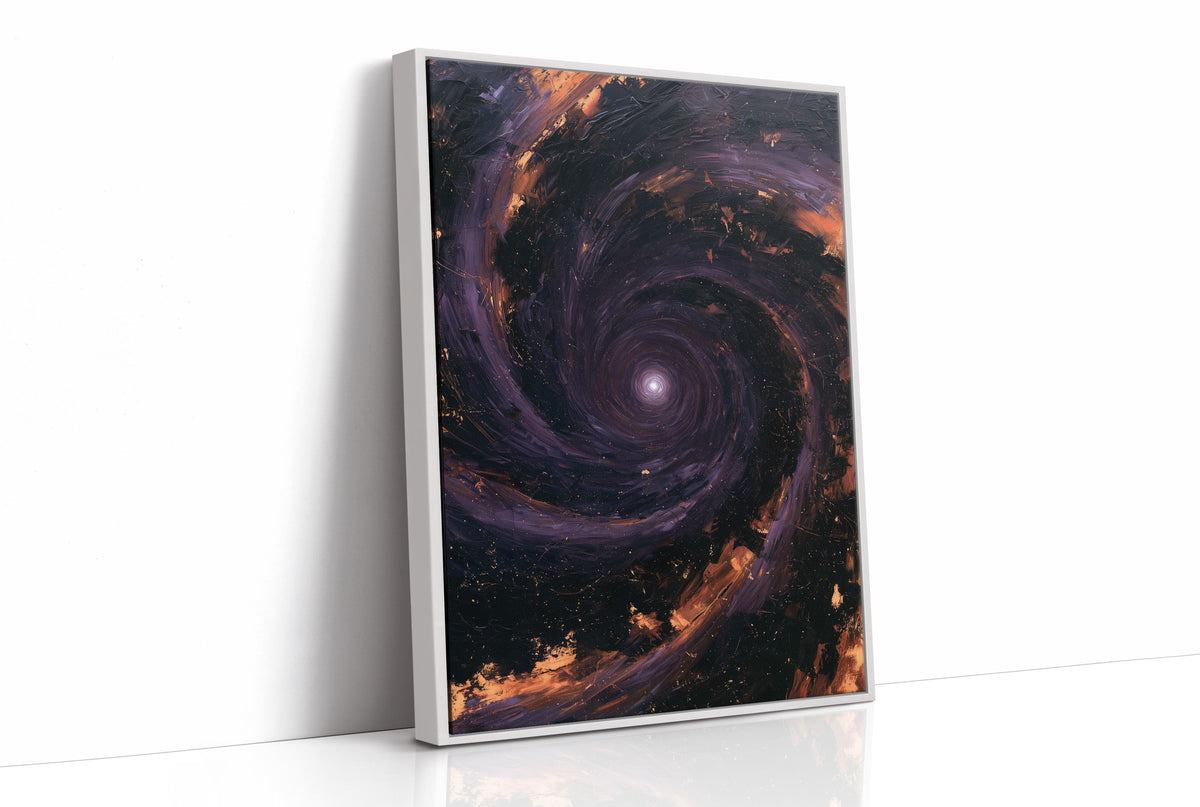 The Spiral Remembers Everything, a violet and black galaxy turning around a bright core, edged with molten orange dust, as a framed canvas in a white frame