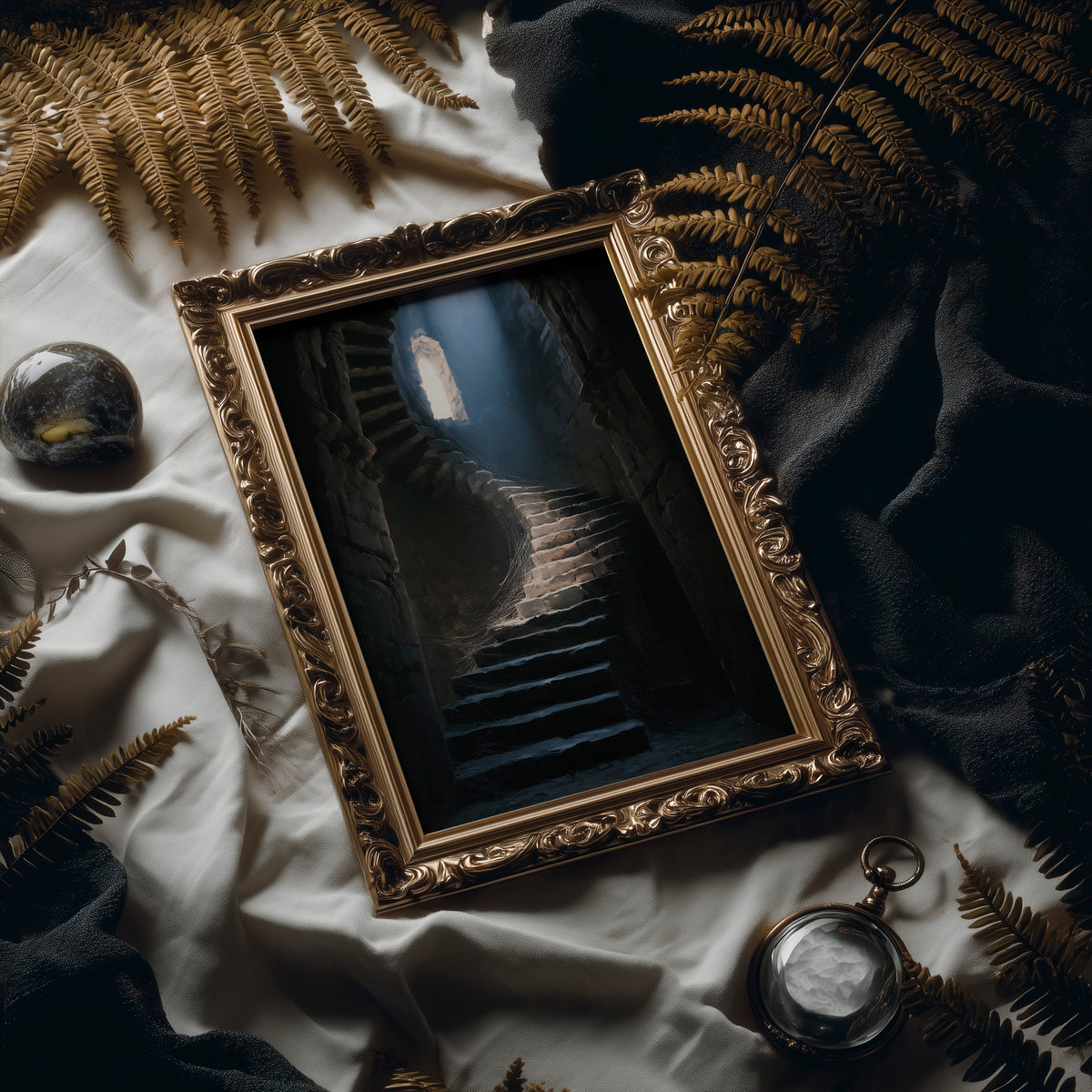 The Stairs Climb Toward Morning, narrow stone steps climbing toward a shaft of cool light painting, in an antique gold frame laid on white linen with ferns and a pocket watch