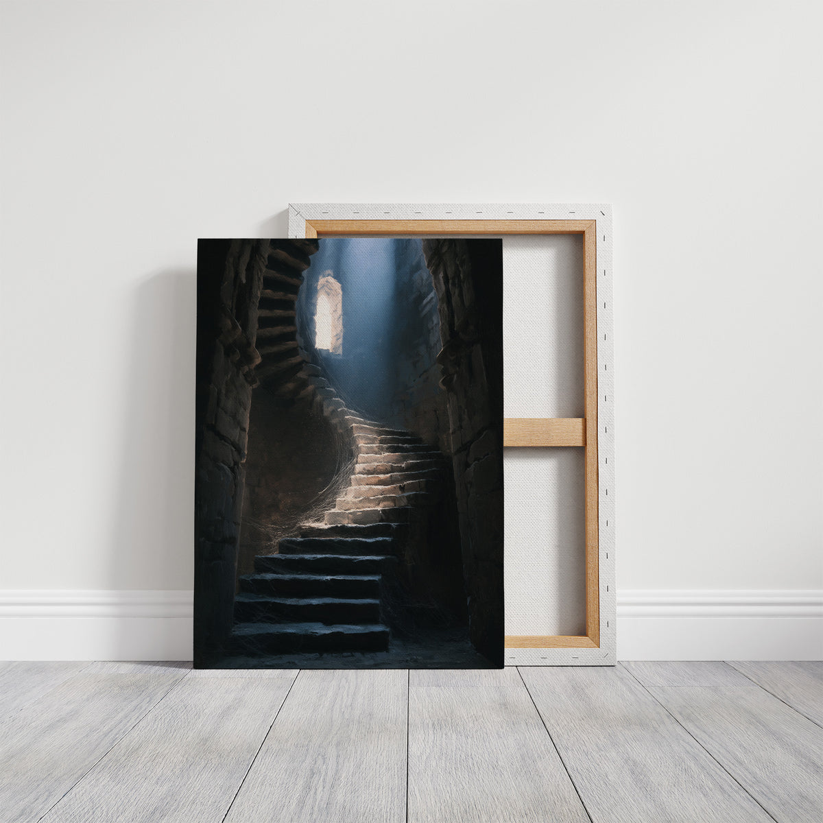 The Stairs Climb Toward Morning, narrow stone steps climbing toward a shaft of cool light painting, on a gallery canvas with wrapped edges leaning against a white wall