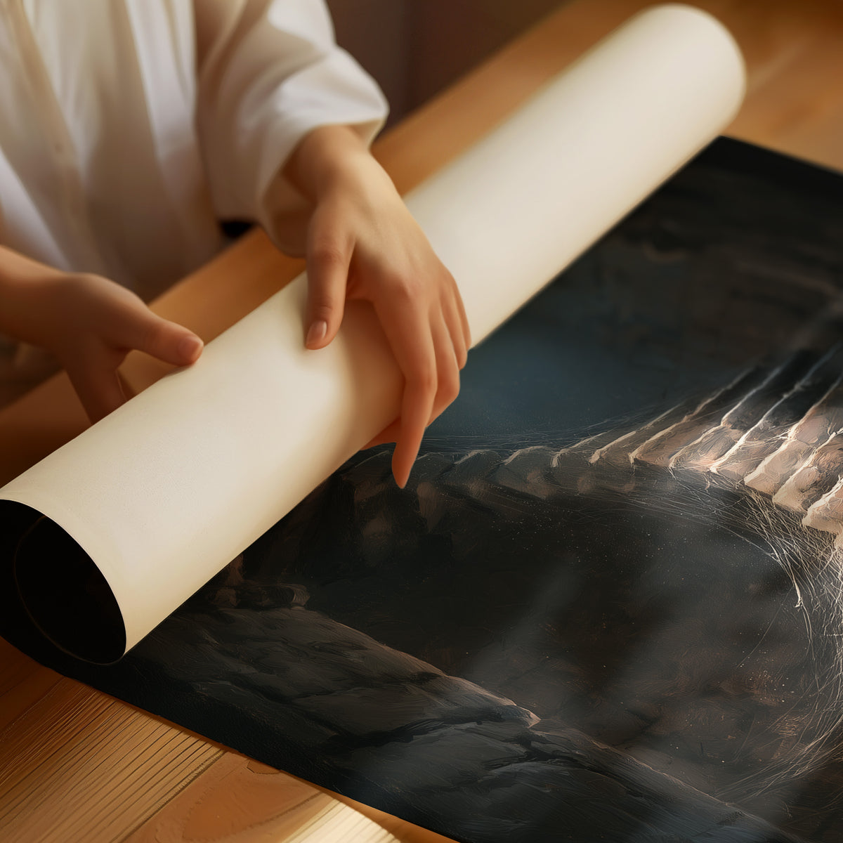 The Stairs Climb Toward Morning, narrow stone steps climbing toward a shaft of cool light painting, as a matte poster, unframed