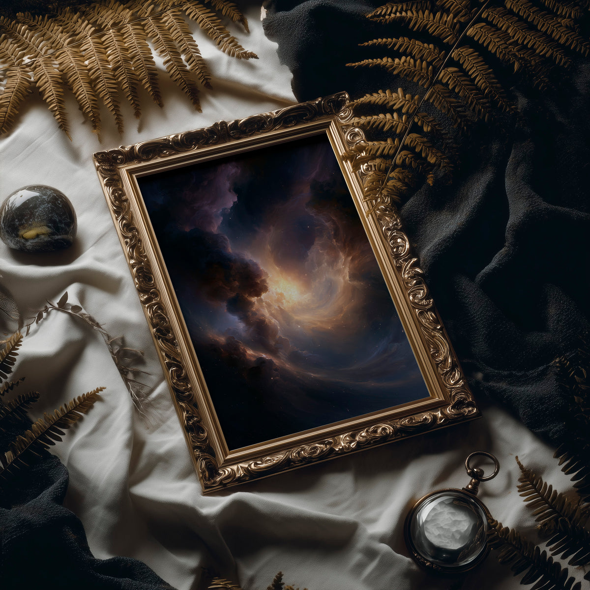 The Storm Keeps a Gold Heart, dark storm clouds piling over an open field with a warm amber glow burning at their center, in an antique gold frame laid on white linen with ferns and a pocket watch