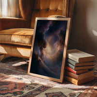 The Storm Keeps a Gold Heart, dark storm clouds piling over an open field with a warm amber glow burning at their center, in a wood frame beside a leather armchair and a stack of books