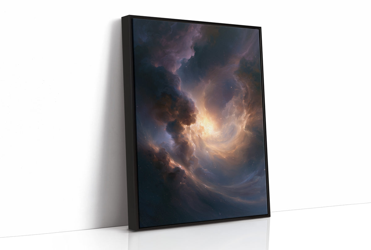 The Storm Keeps a Gold Heart, dark storm clouds piling over an open field with a warm amber glow burning at their center, as a framed canvas in a black frame