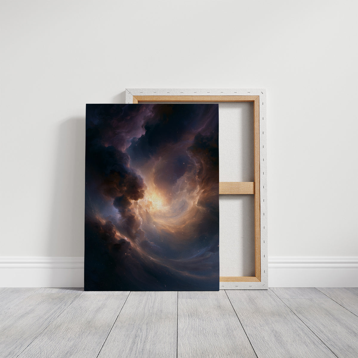 The Storm Keeps a Gold Heart, dark storm clouds piling over an open field with a warm amber glow burning at their center, on a gallery canvas with wrapped edges leaning against a white wall
