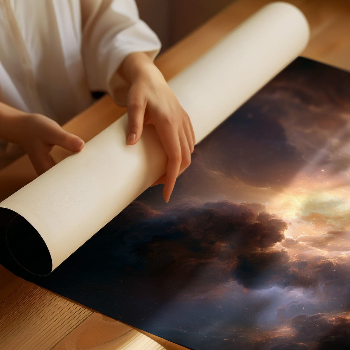 The Storm Keeps a Gold Heart, dark storm clouds piling over an open field with a warm amber glow burning at their center, as a matte poster, unframed