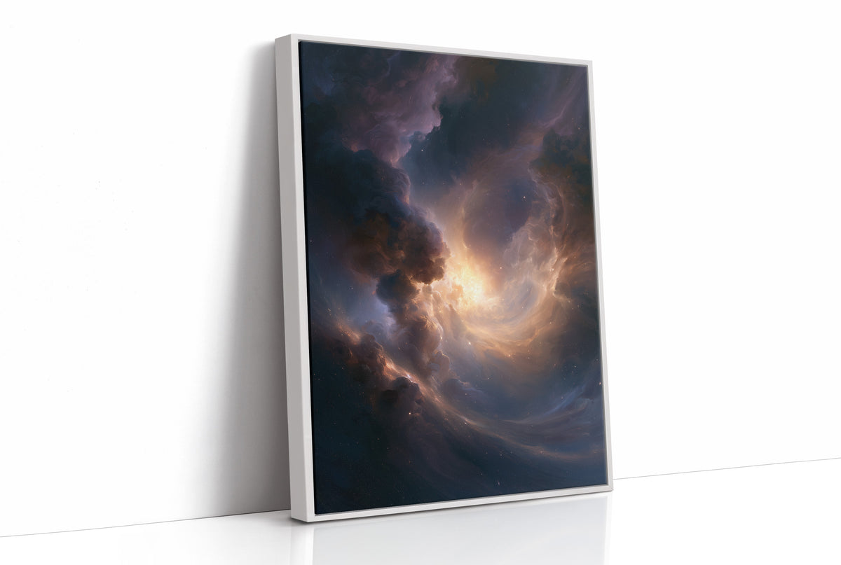 The Storm Keeps a Gold Heart, dark storm clouds piling over an open field with a warm amber glow burning at their center, as a framed canvas in a white frame