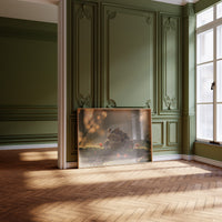 The Toad Holds Court in the Moss, toad sitting on mossy ground beside red mushrooms in warm dusk light painting, leaning on a herringbone floor in a green paneled room with tall windows