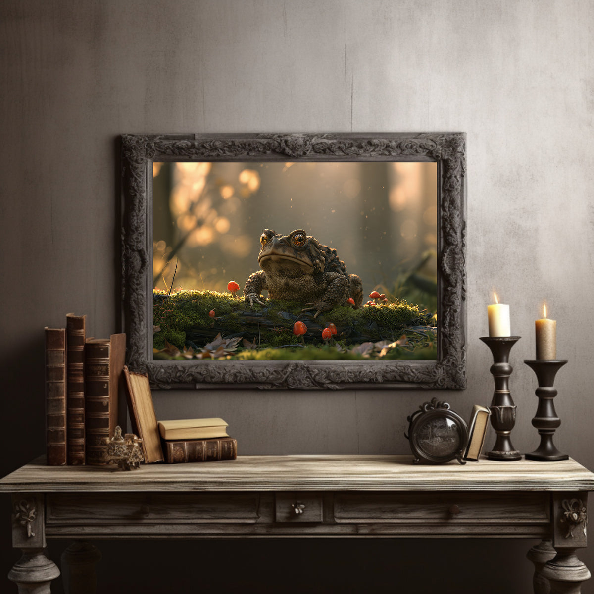 The Toad Holds Court in the Moss, toad sitting on mossy ground beside red mushrooms in warm dusk light painting, in a dark carved frame on a gray wall above a console table with candlesticks and old books