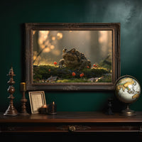 The Toad Holds Court in the Moss, toad sitting on mossy ground beside red mushrooms in warm dusk light painting, in an ornate dark frame on a deep green wall above a mantel with a globe and candles