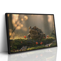 The Toad Holds Court in the Moss, toad sitting on mossy ground beside red mushrooms in warm dusk light painting, as a framed canvas in a black frame