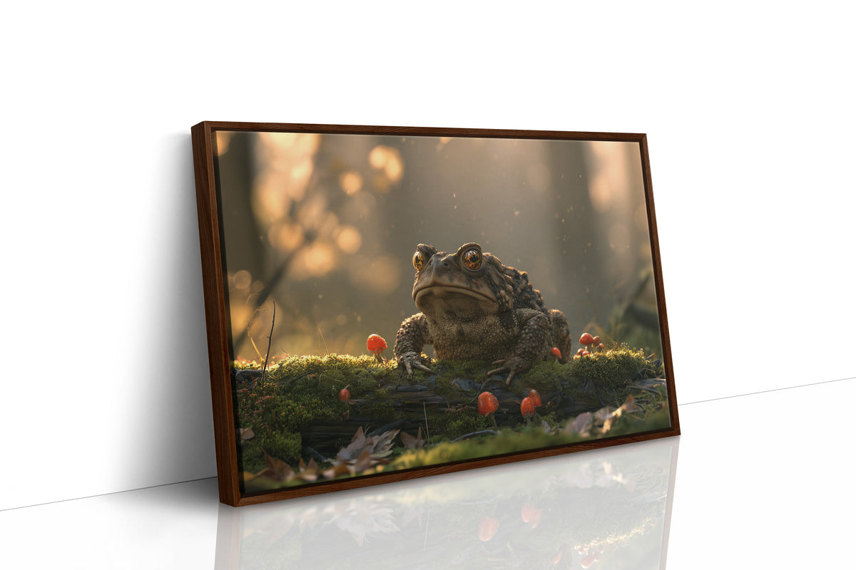 The Toad Holds Court in the Moss, toad sitting on mossy ground beside red mushrooms in warm dusk light painting, as a framed canvas in a brown frame
