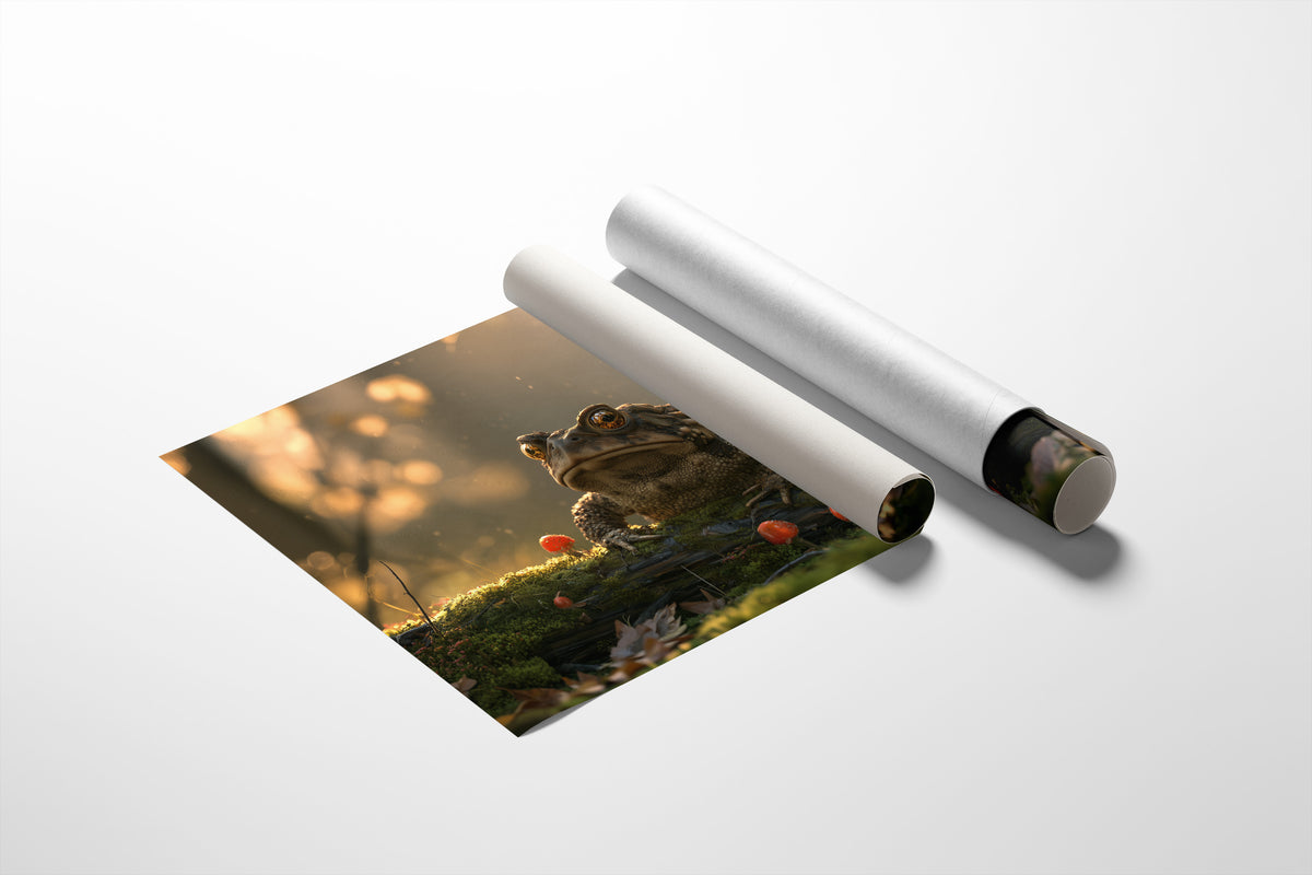 The Toad Holds Court in the Moss, toad sitting on mossy ground beside red mushrooms in warm dusk light painting, as a matte poster, unframed
