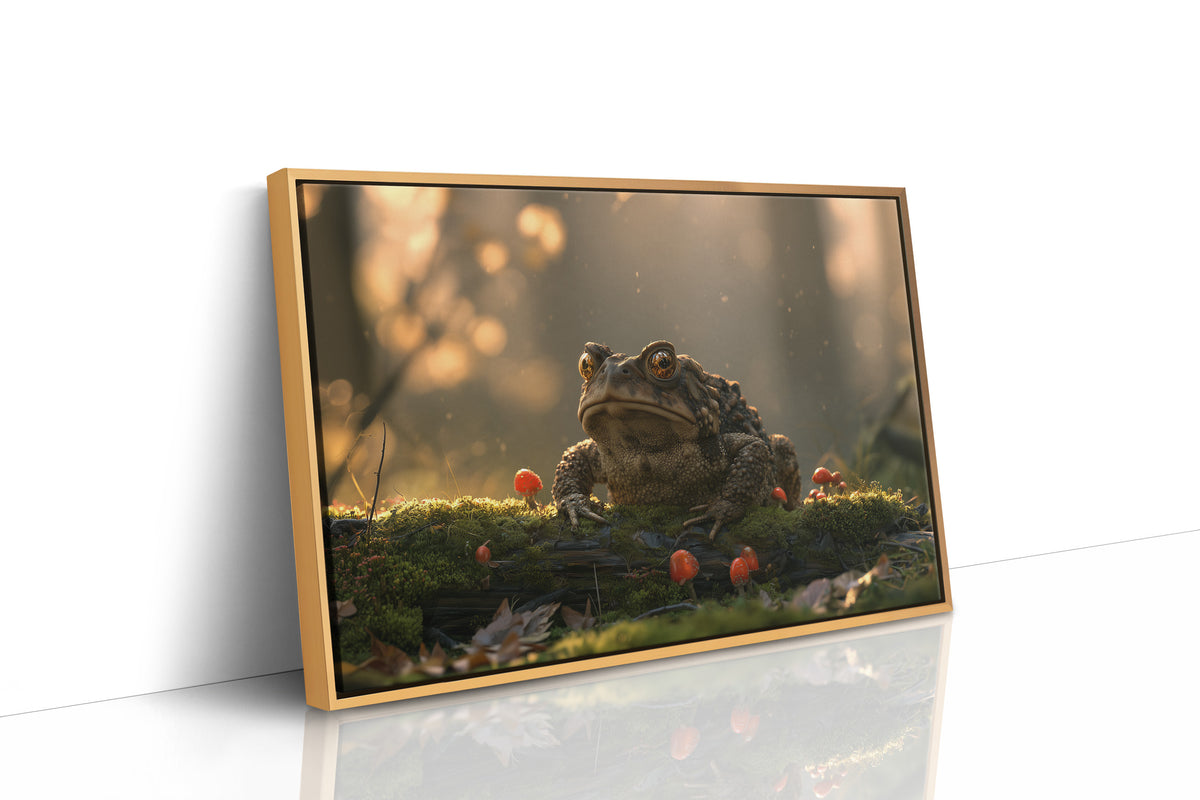 The Toad Holds Court in the Moss, toad sitting on mossy ground beside red mushrooms in warm dusk light painting, as a framed canvas in a natural wood frame